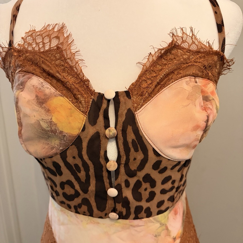 Mixed Print Chiffon Maxi Dress Size S Leopard Floral Patchwork Lace Slip Long - Picture 2 of 10